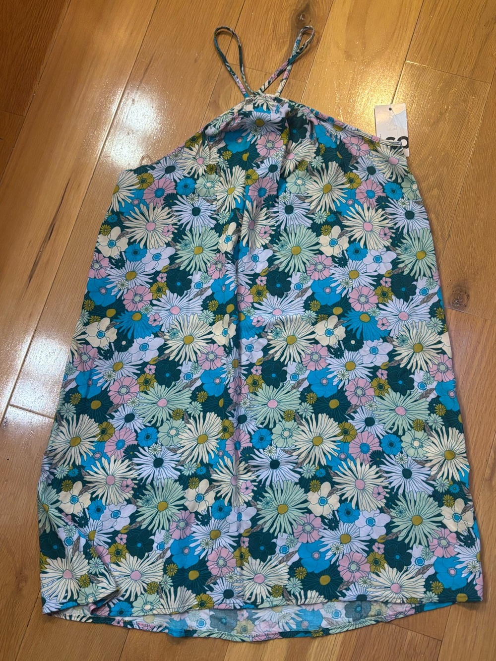 SO Halter Neck Swing Floral Mini Dress in Teal, Pink & White.